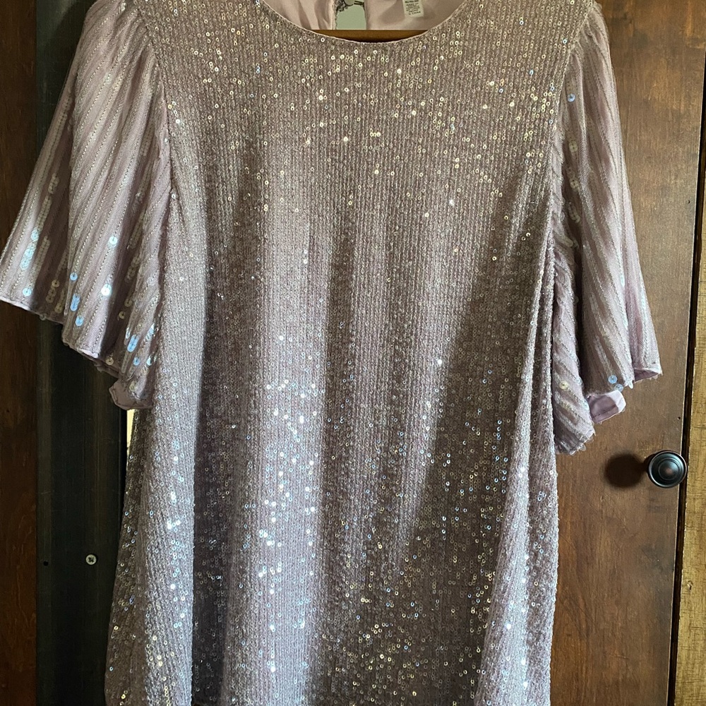 Cable & Gauge Shimmering Sequin Top with Flutter Sleeves